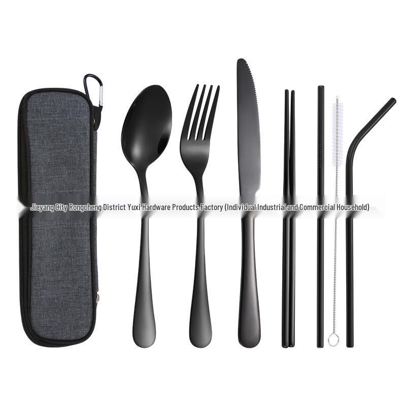 Stainless Steel Outdoor Travel Cutlery Set: Knife, Fork, Spoon, Straw, Chopsticks with Storage Bag