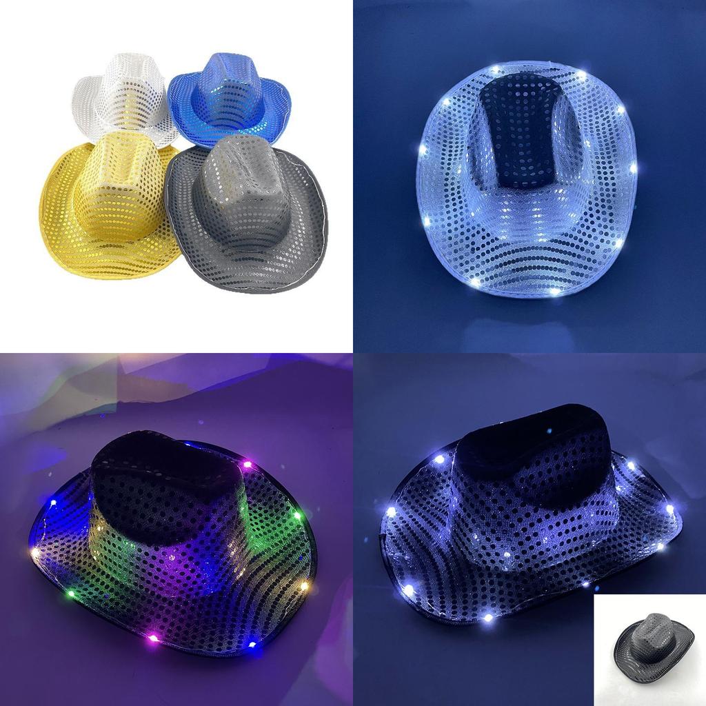 Four Color Led Light Up Western Cowboy Hat With Sequin Pattern For Party Cosplay Stage Performance