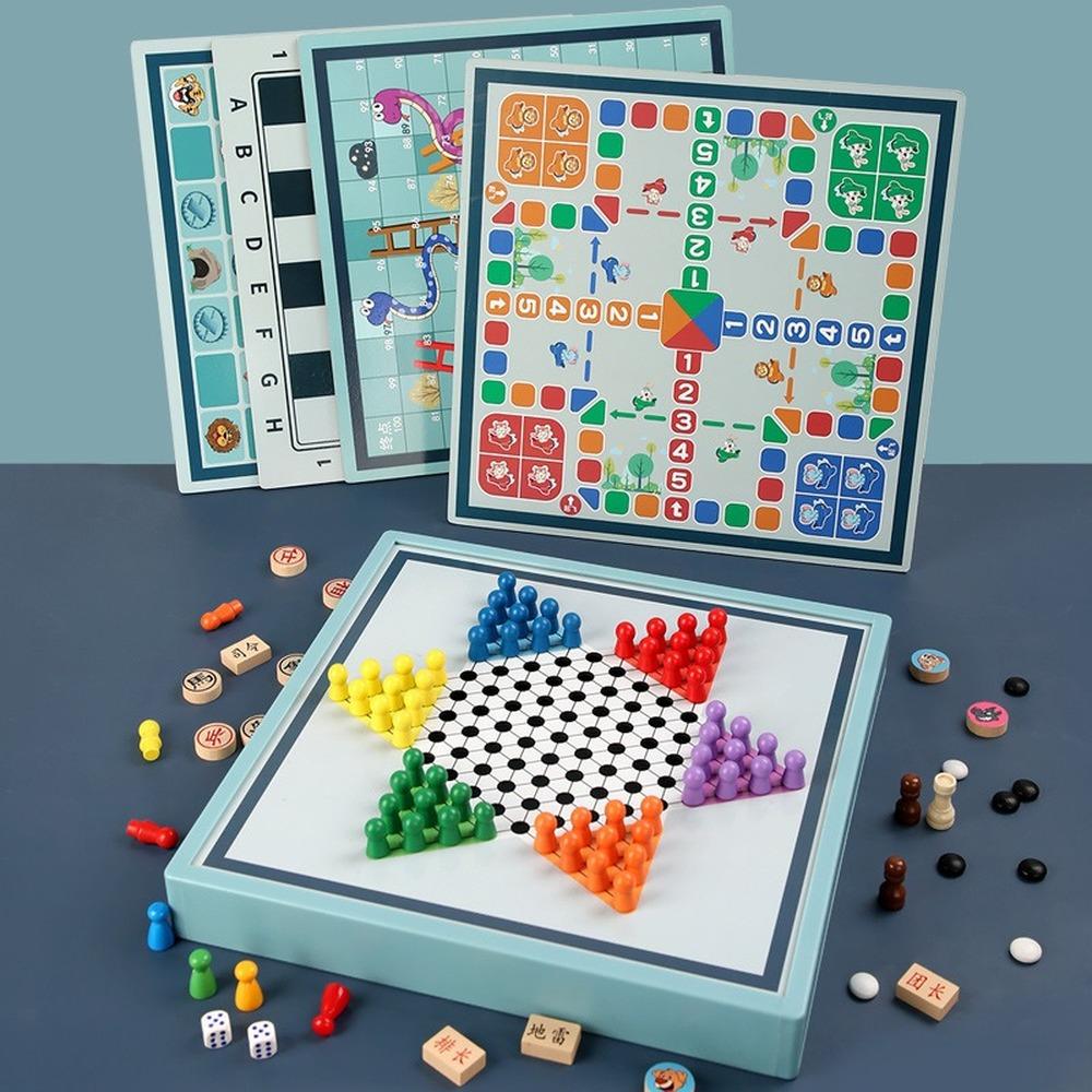 Wooden Multi-Function Flight Chess Checkers For Kids Chinese And International Chess Animal Chess Gobang Educational Toys Board