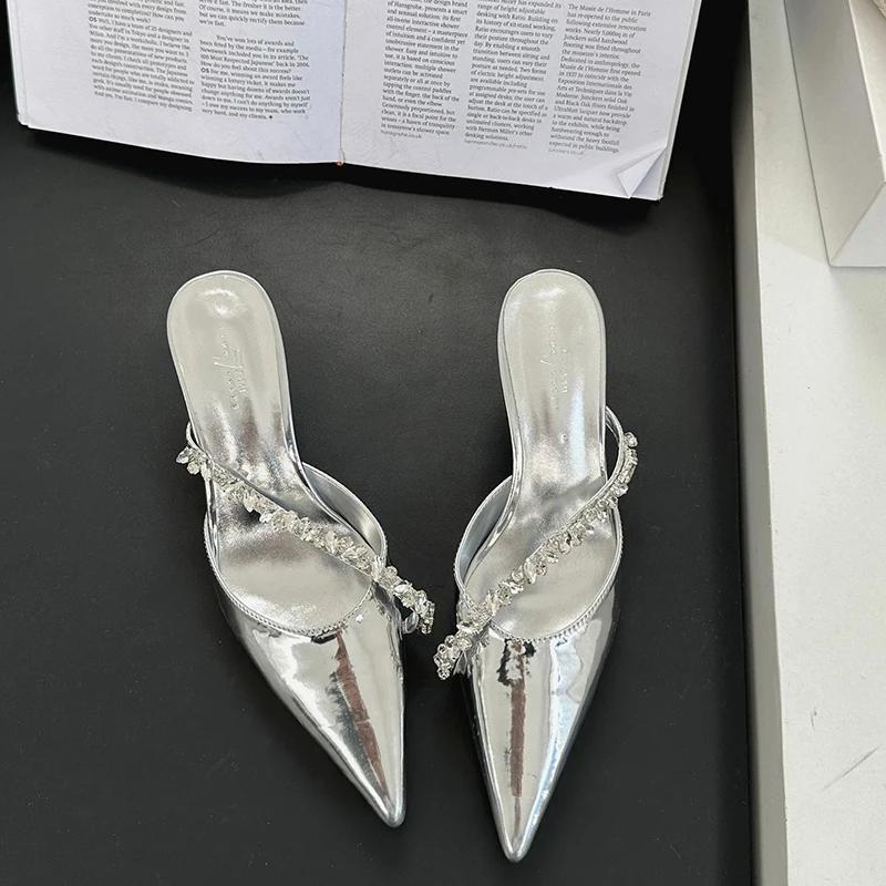 Summer Women's Crystal Mules Slippers Elegant Cover Toe Dress Slides Ladies Dancing Party High Heel Shoes