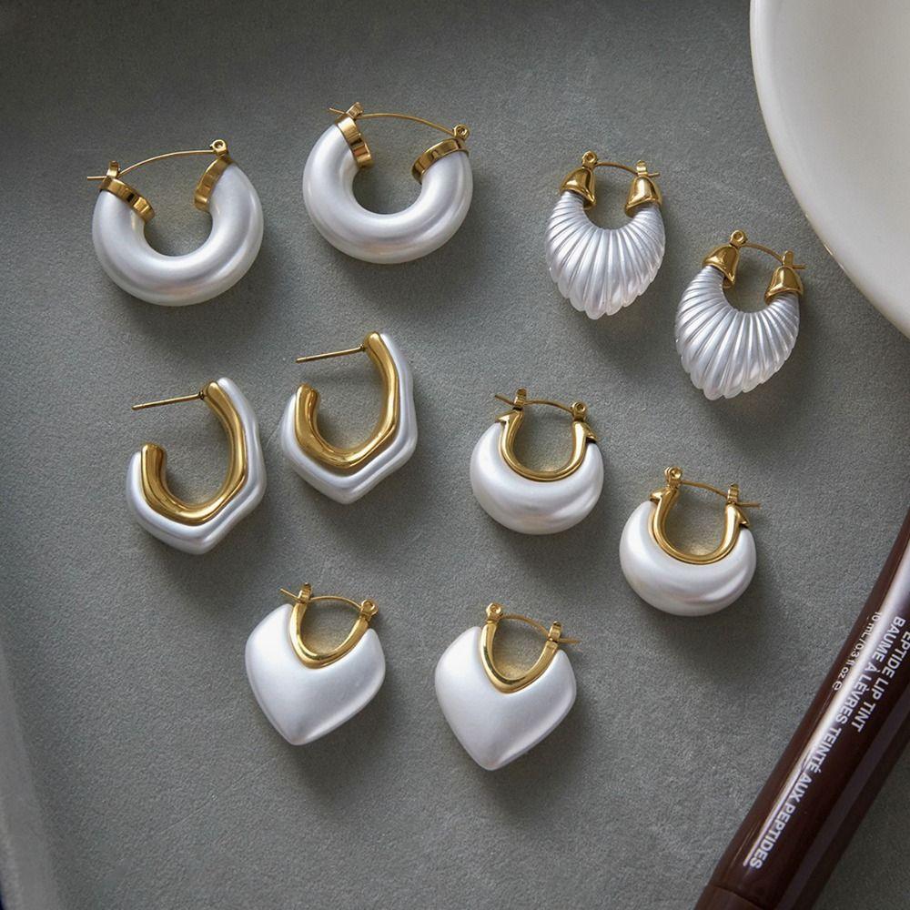 Stainless Steel Hoop Earrings Gold Color Huggie Earrings Vintage Resin Pearl Earrings  Gift