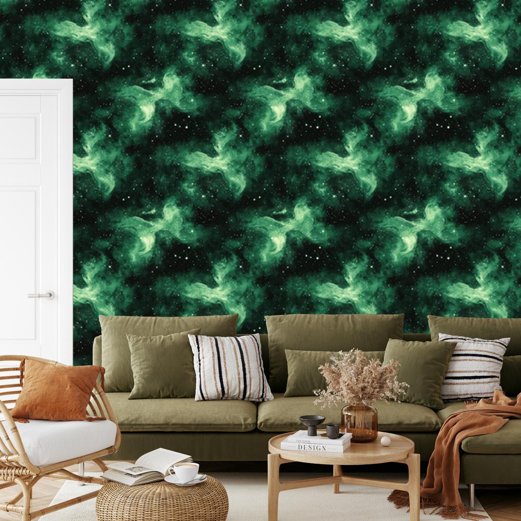 Watercolor Galaxy Wallpaper Sea Green and Black 50x1000