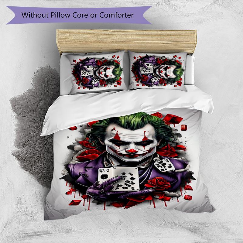 Joker Pattern Printed 3PCS Bedding Set, Soft Skin-Friendly Washable Duvet Cover & Pillowcases Set
