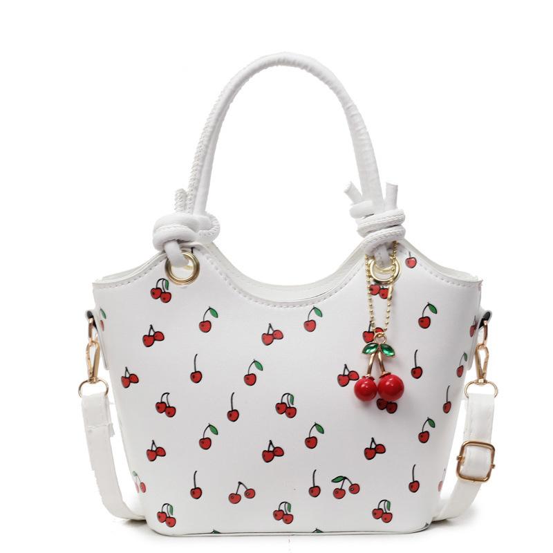 Hong Kong Style Retro Design Bag 2025 New Trendy Fashion Cherry Print Crossbody Bucket Bag Contrasting Color Texture Shoulder Bag