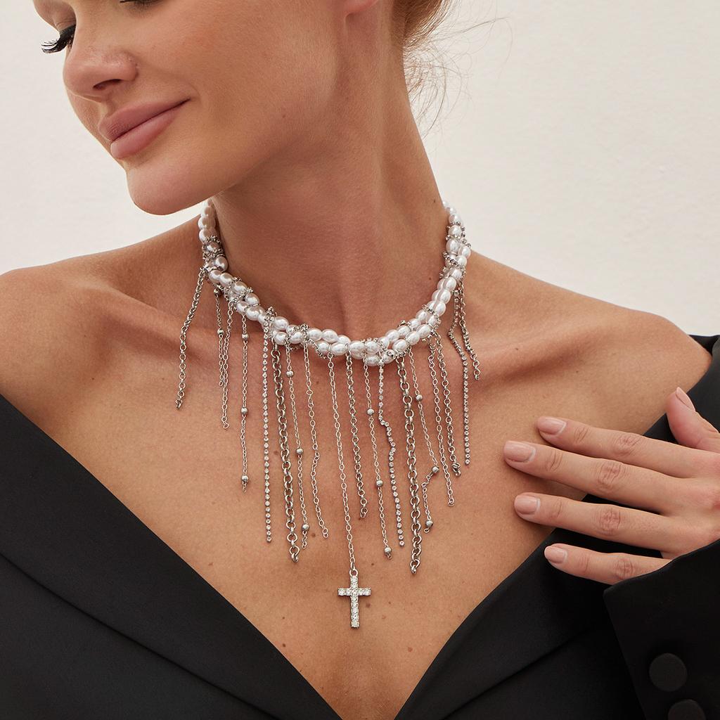Sweet And Cool Imitation Pearl Winding Chain Collarbone Chain, Personalized Love Cross Fringed Necklace Female