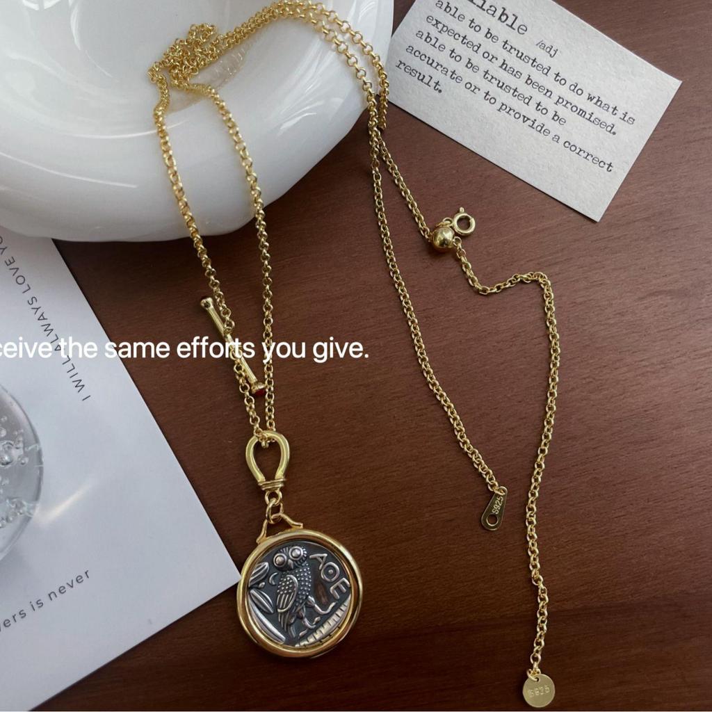 Adjustable S925 Sterling Silver Gold-Plated Greek Athena Coin Necklace