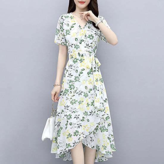 Květinové šaty pro ženy Výstřih do V Krátký rukáv Splývavé Zavinovací Midi šaty Volány Nepravidelný lem Áčkový střih Plážové Prázdninové šaty
