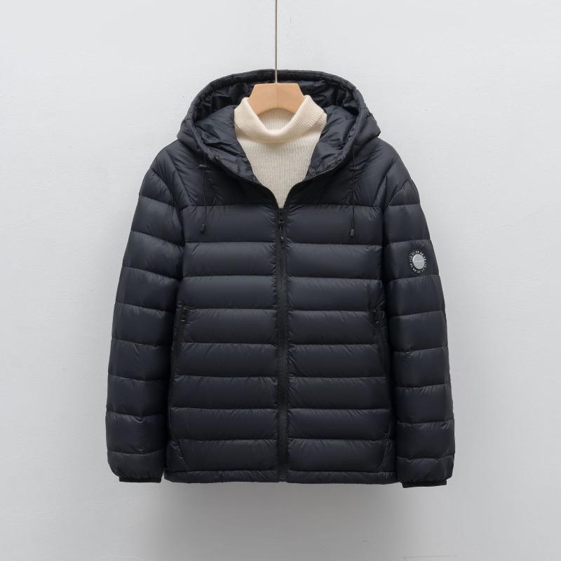 

Duck down jacket women s short light and thin hooded autumn and winter new casual couple coat S чёрный