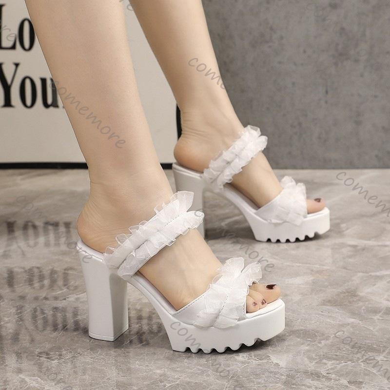 Comemore Thick Heeled Fish Mouth Sandals Summer Slip On Platform Slippers Womem's Shoes Lace High-heel Sandales