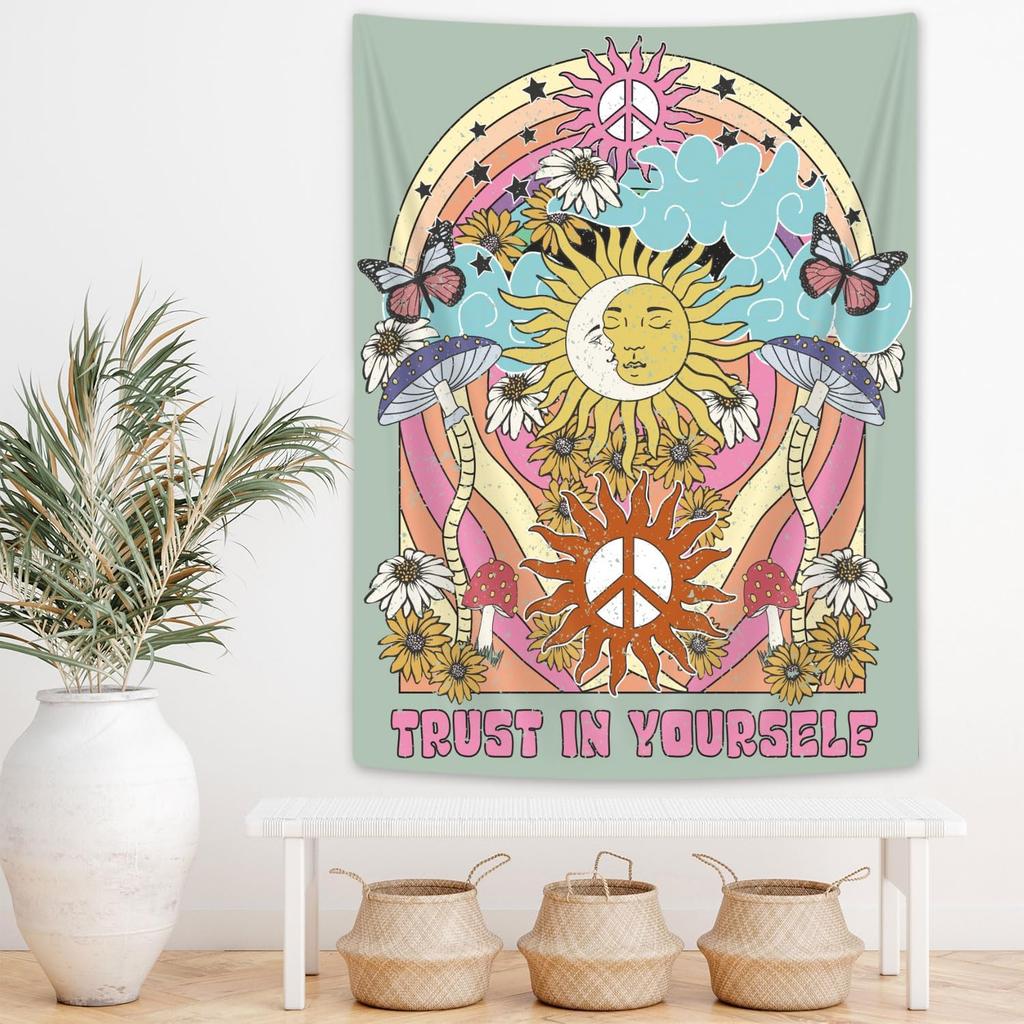 Aesthetic Retro Vintage Tapestry Wall Hanging 70s Hippie Boho Bohemian Tapestries with Trippy Mushroom Butterfly Moth Daisy
