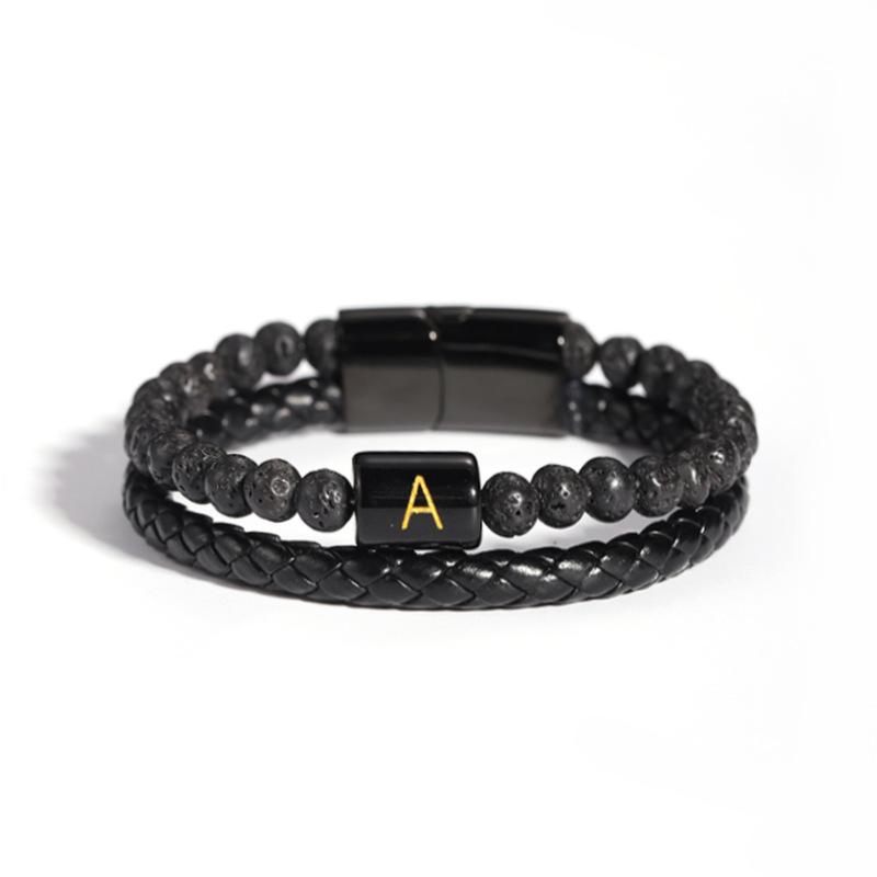 Vulkanstein Tigerauge Stein Schwarzer Achat Perlenarmband, Lederarmband, Buchstabenarmband