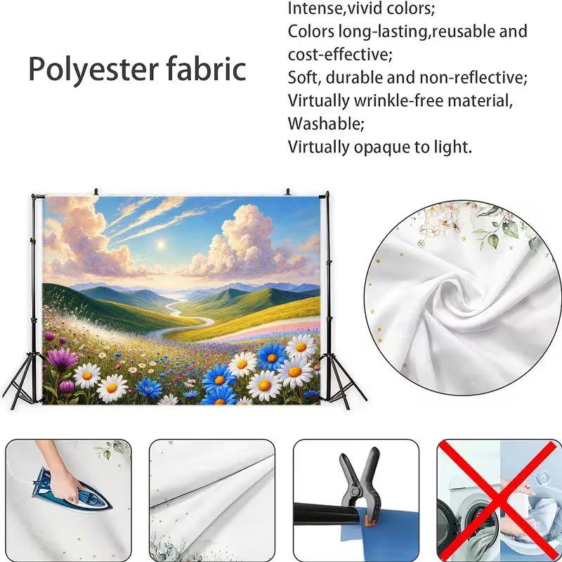 2D Spring Meadow Tapestry for Living Room, Colorful Wildflowers and Mountain Landscape