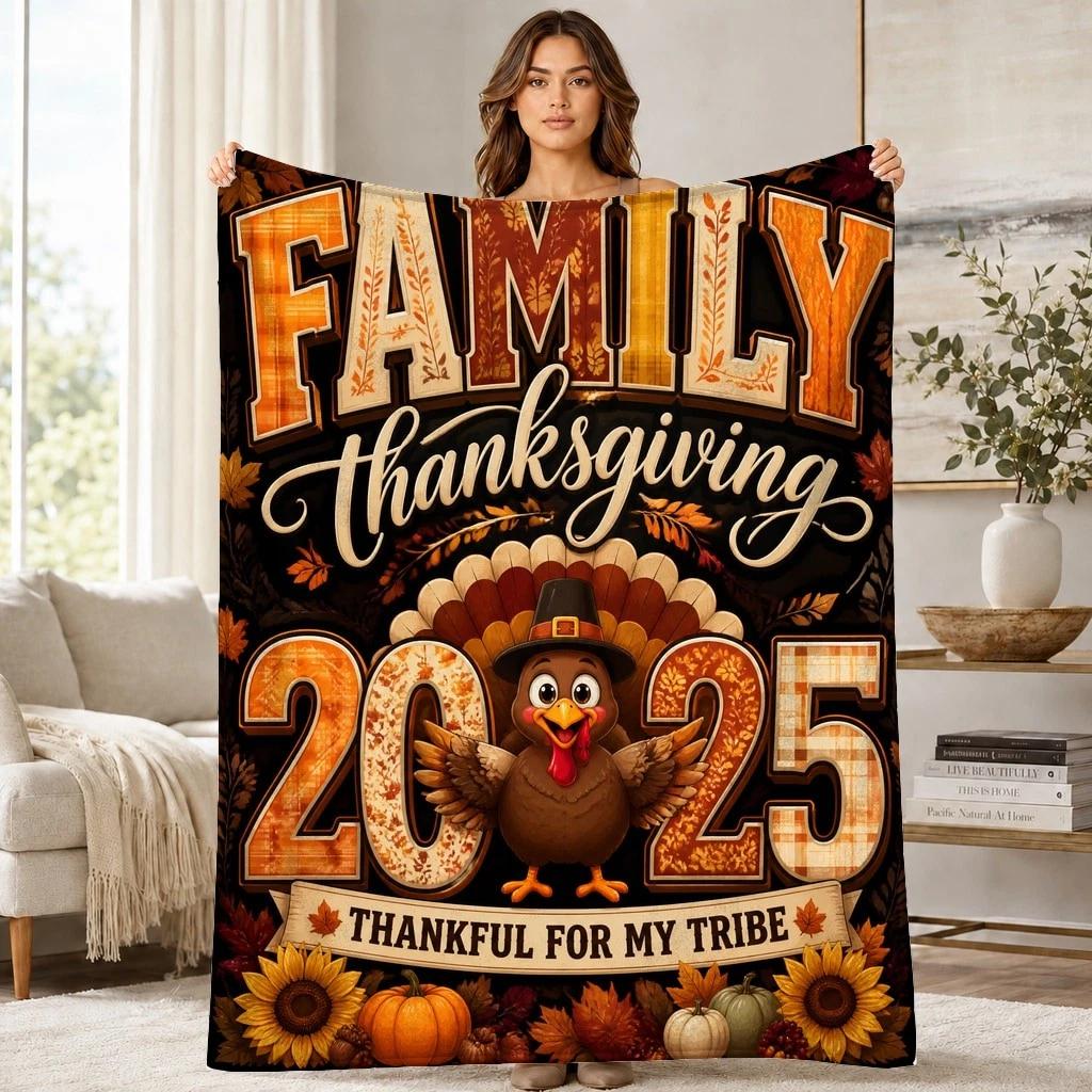Family Thanksgiving 2025 Turkey Coral Fleece Blanket Thankful Decor