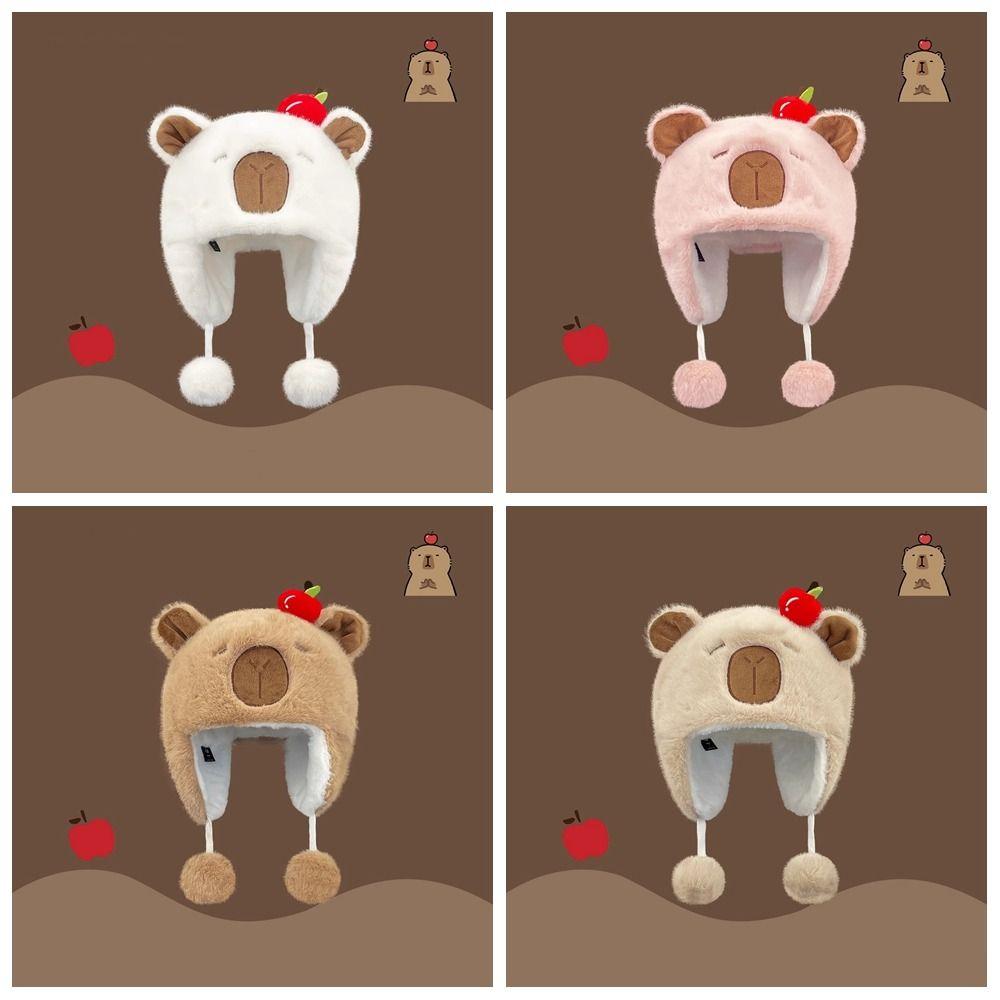 Warm Animals Ears Beanie Hats Cartoon Plush Cap Soft Cute Capybara Hat  Outdoor