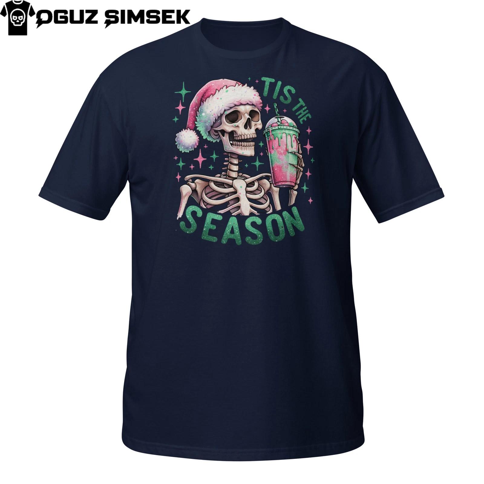 Christmas Skeleton T-Shirt Mens Womens Tees Top | Funny Festive Skull with Drink | Tis the Season Tee S
