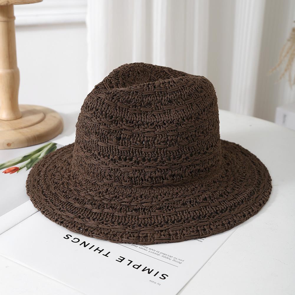 

Весняно-літній популярний капелюх-джазовий капелюх 2025 року з порожнистим візерунком, панамський капелюх з великими полями, пляжний капелюх-сонце M（56-58cm） темно-коричневого кольору