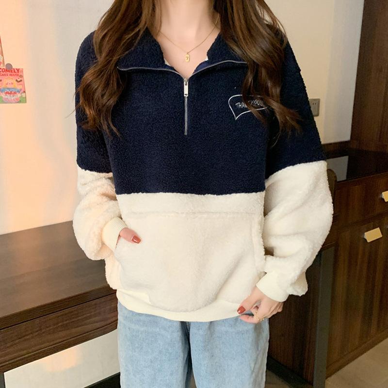 

Женский свитер с высоким воротником и полумолнией из натуральной ягнячьей шерсти, осенне-зимнее флисовое утолщенное пальто свободного кроя 2XL темно-синий