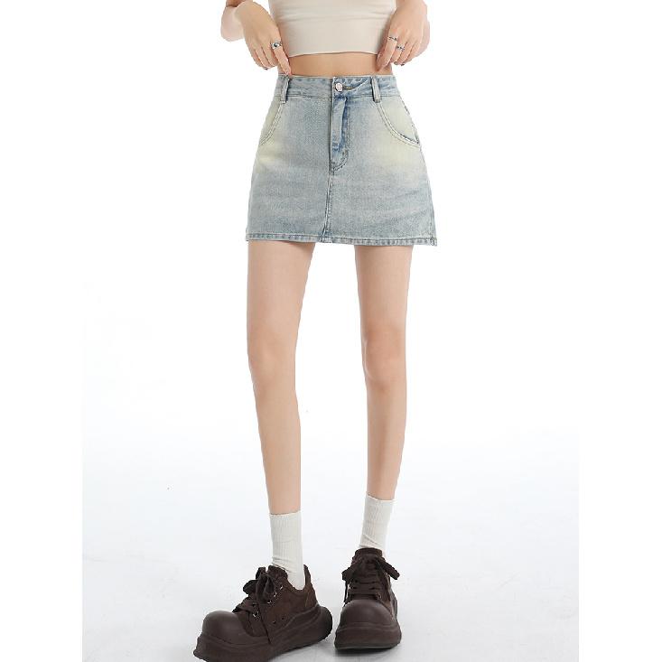 Blue Denim A- Line Mini Skirt Women'S High Waist Slimming Summer New Style Prevent Exposure Personality Wrap Around Short Skirt