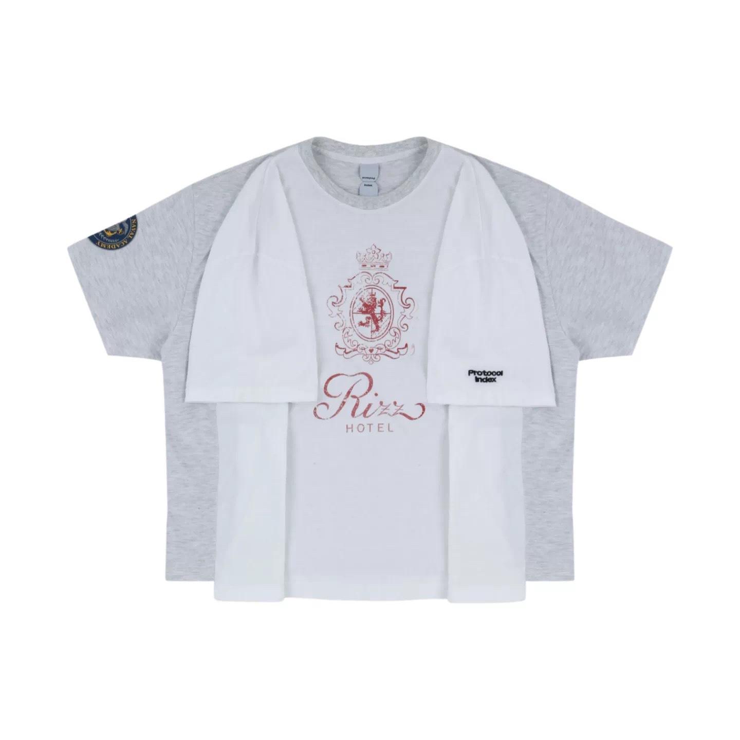 Cross-border Protocol index talk 26ss heavy industry retro four-sleeve two-color splicing crown printing short sleeve S