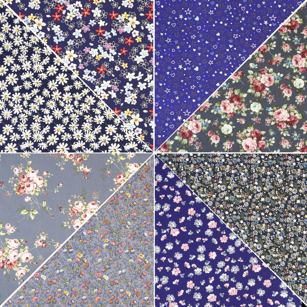 Set of 8 Cotton Quilting Fabric Scraps for Patchwork and Cute Cut Cloths Blue with Chrysanthemum 100% Crafts, 46x56cm, (Dark Design)