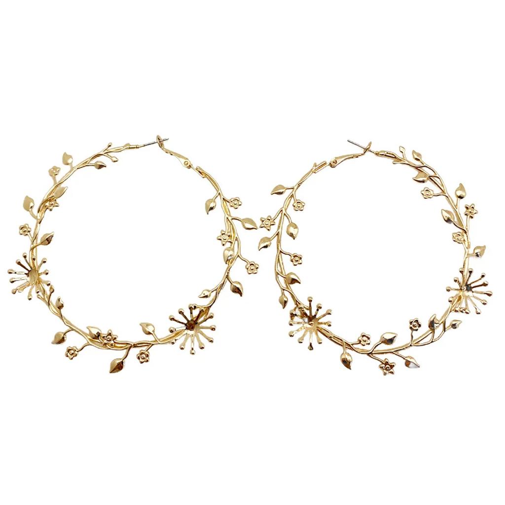 Exaggerated Hoop Earrings for Women Leaf Flower Gold Color Big Circle Earrings Vintage Trend Women's Jewelry Gift