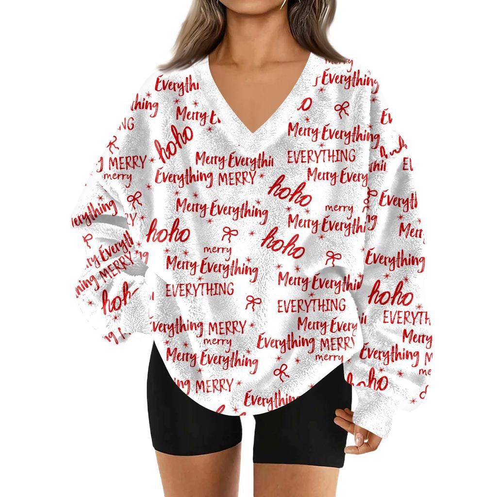Women's Fashionable V-neck Christmas Printed Long Sleeved Casual Pullover Plush Warm Pocket Sweatshirt Top