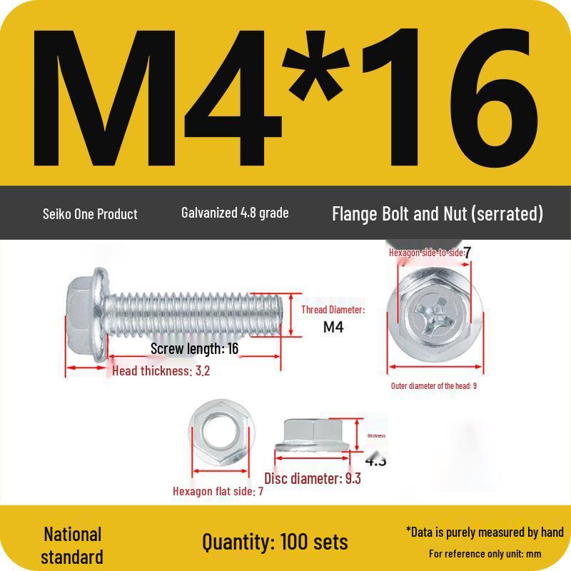 4.8 Grade Galvanized Hex Bolt Set with Anti-slip Washer & Nut, Cross Flange Head, M4/M5/M6/M8mm