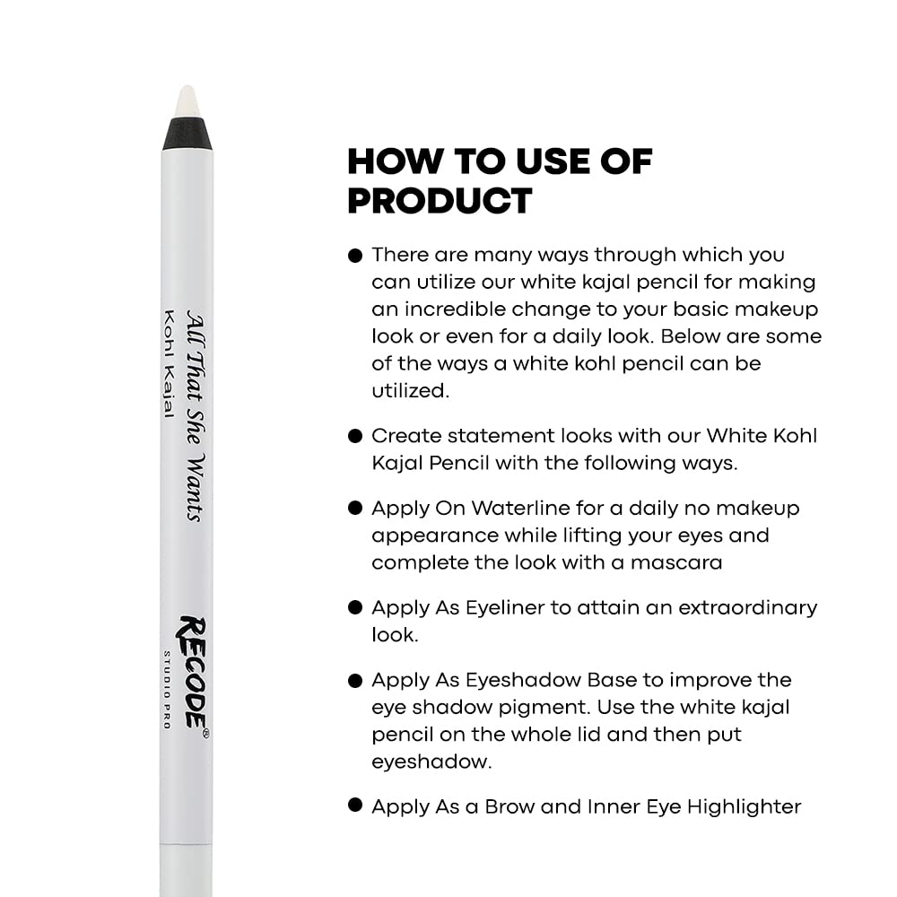 Recode White Kohl Kajal Pencil All That She Wants Eye Pencil With Long Lasting, Waterproof & Smudgeproof, Travel-Friendly & Easy To Carry, 1.2gm