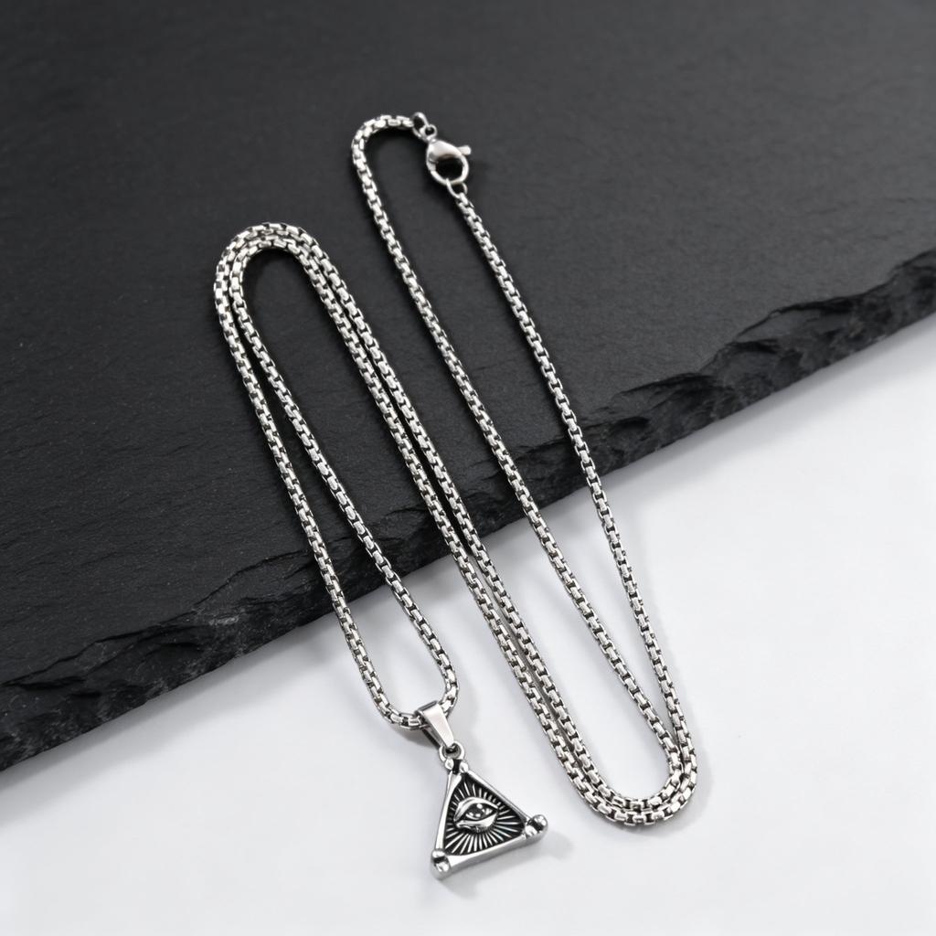 Vintage Eye of God Necklace for Men,Stainless Steel Triangle Geometry Eye of Providence Necklace,Amulet Jewelry Gift