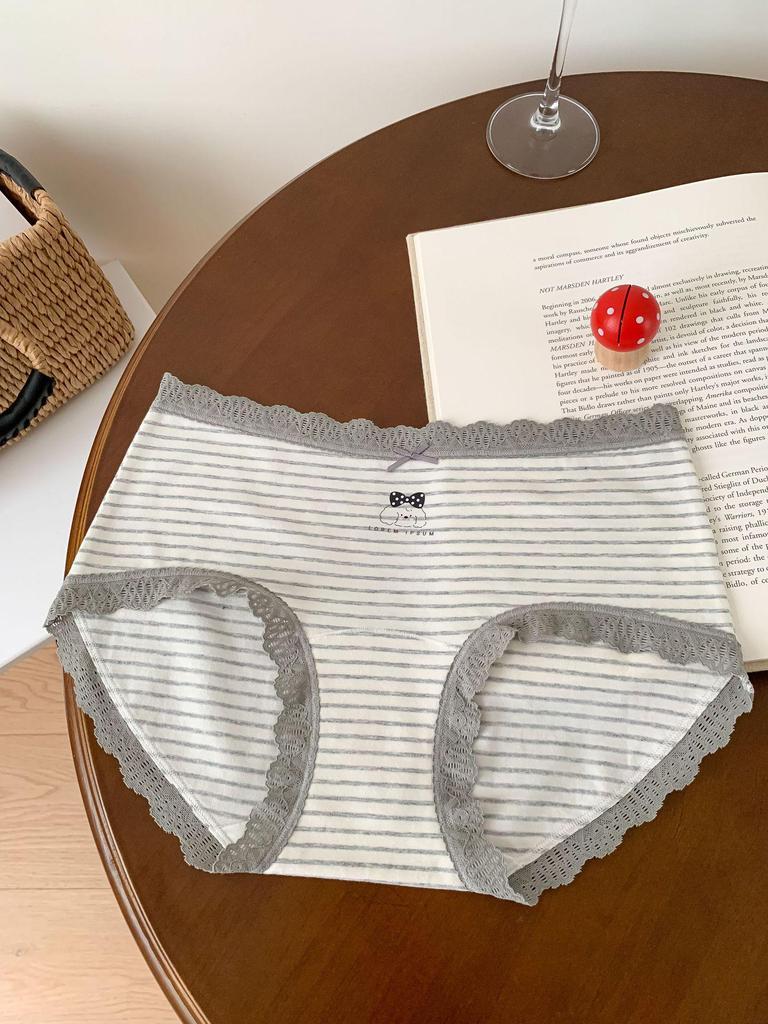 A053 Women's Soft Gray & White Striped Triangle Briefs - Skin-Friendly, Hip-Wrapping, Pure Cotton, Antibacterial Style for Teens, 2025 Collection.