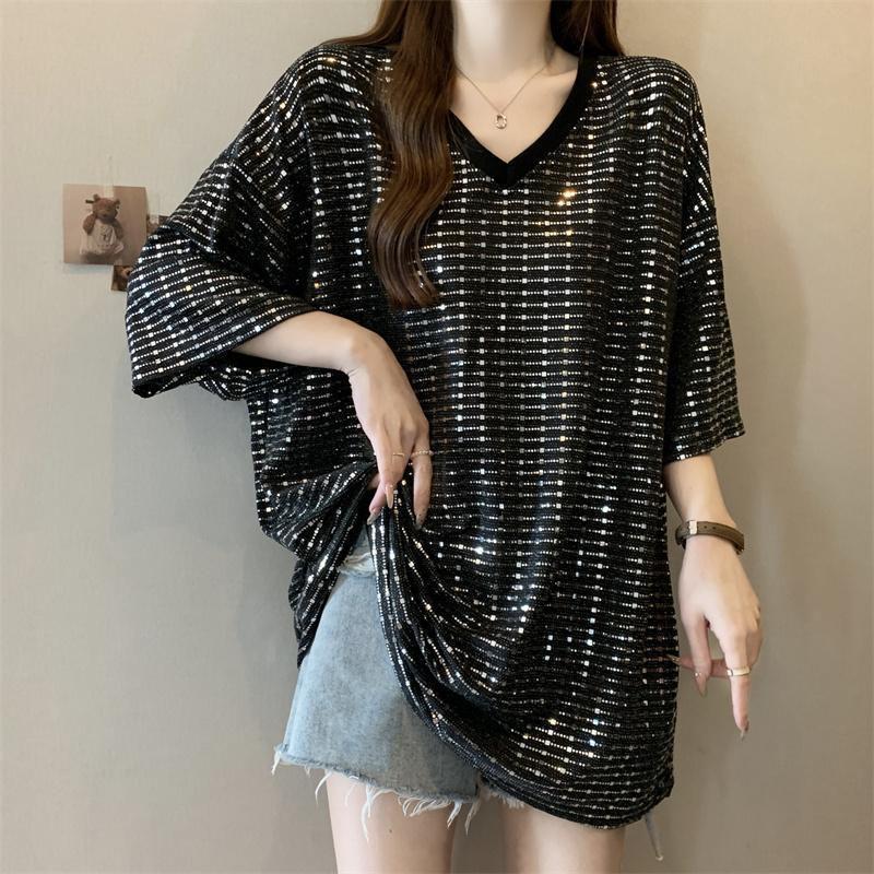 Large Size T-shirt Loose Comfortable  Ing Shirt Loose Versatile Casual T-shirt V-neck Short-sleeved Tops Female