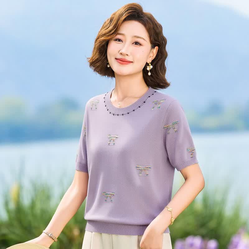 KAVON Women s 2026 Summer Round Neck Bow Rhinestone Short Sleeve Knit Top XL