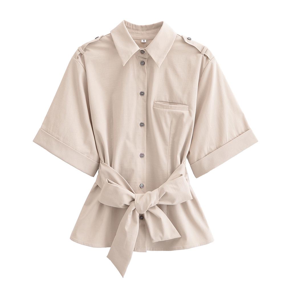 

2025 Весенний женский приталенный двубортный комплект рубашки и юбки с воротником S