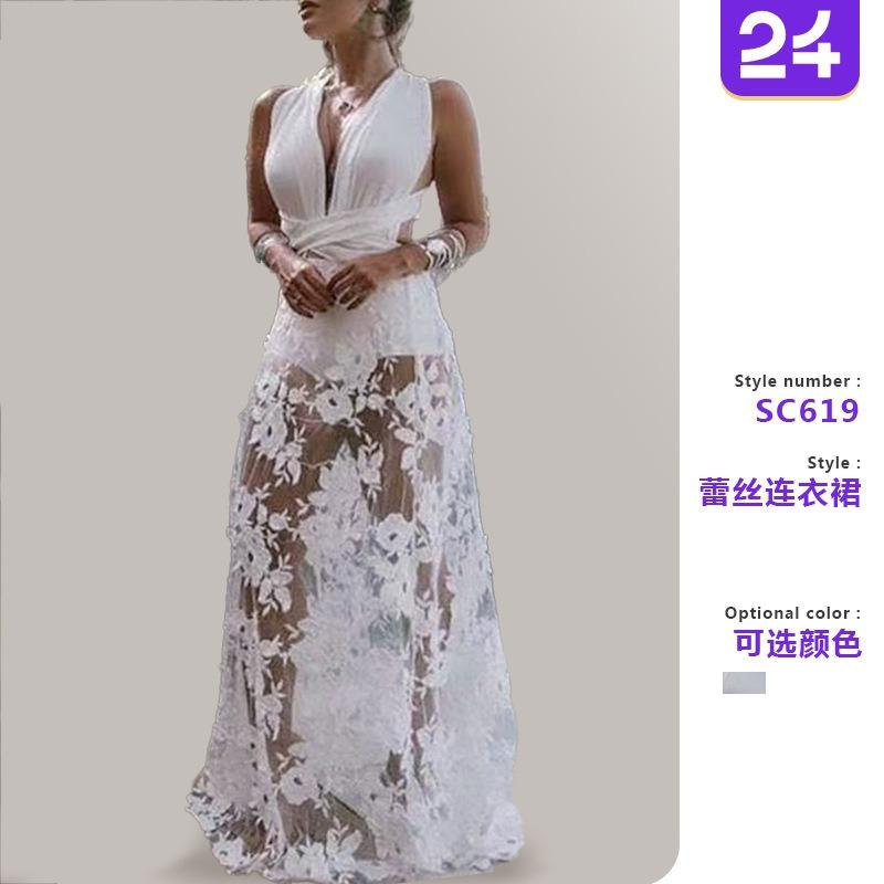 Spring and Suer New Women's Dress Sexy Lace Hollow Backless Beach Dress Long Dress