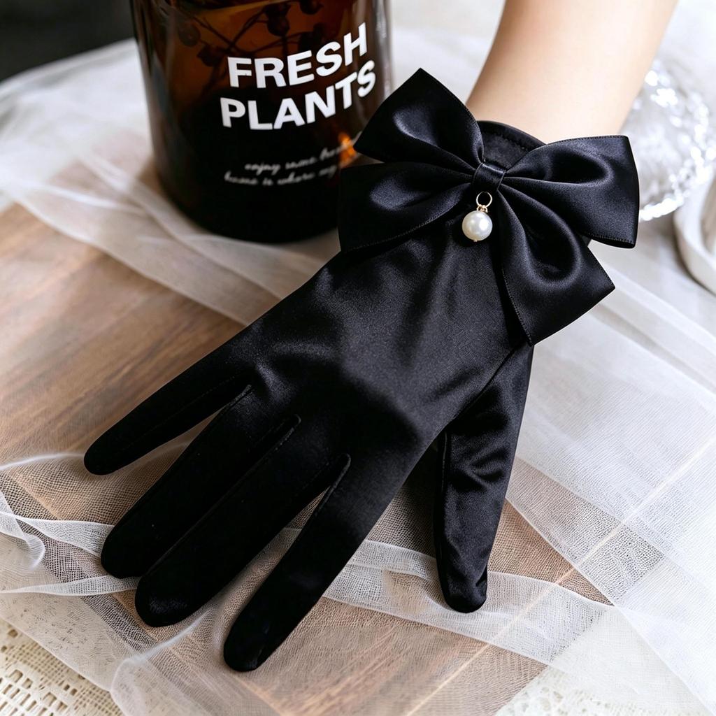 New Hepburn-Style Pearl Satin Bridal Gloves: Elegant White Princess Accessory for Photos