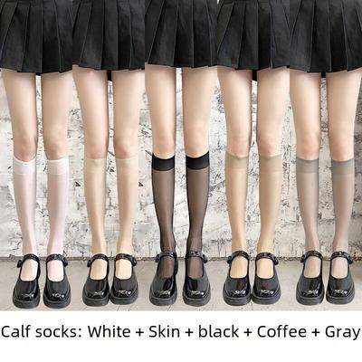 Women's Black Anti-Snag Mid-Calf Stockings - Trendy Japanese-Style Over-the-Knee Thin Summer Socks