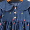 Girls Strawberry Embroidered Denim Dress Peter Pan Collar Princess Casual Spring Autumn Jean Dress For Kids