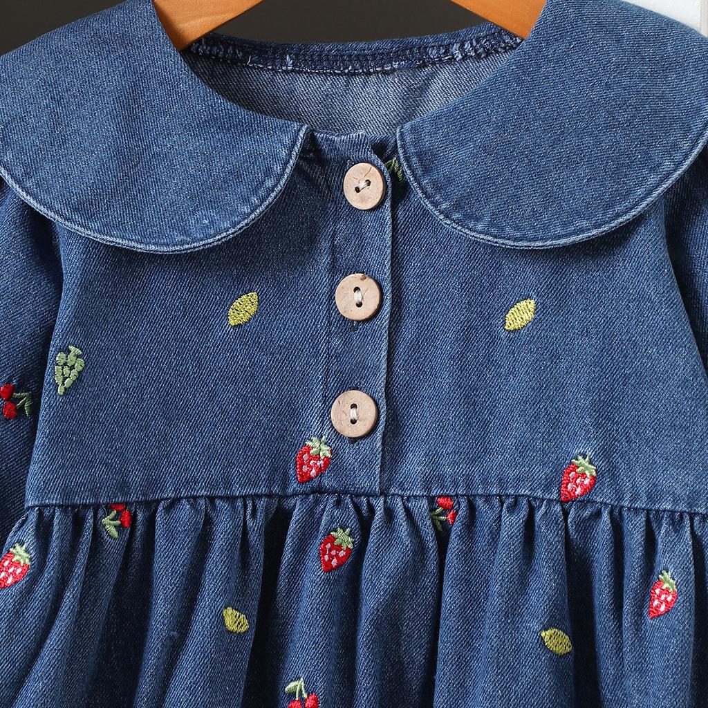 Girls Strawberry Embroidered Denim Dress Peter Pan Collar Princess Casual Spring Autumn Jean Dress For Kids