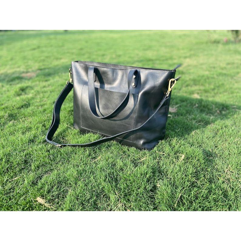 Black Leather Tote Purse Bag for Women Large Work Bag Tote Laptop Teachers Tote Ladies Handbag Gifts for Her Full Grain Leather