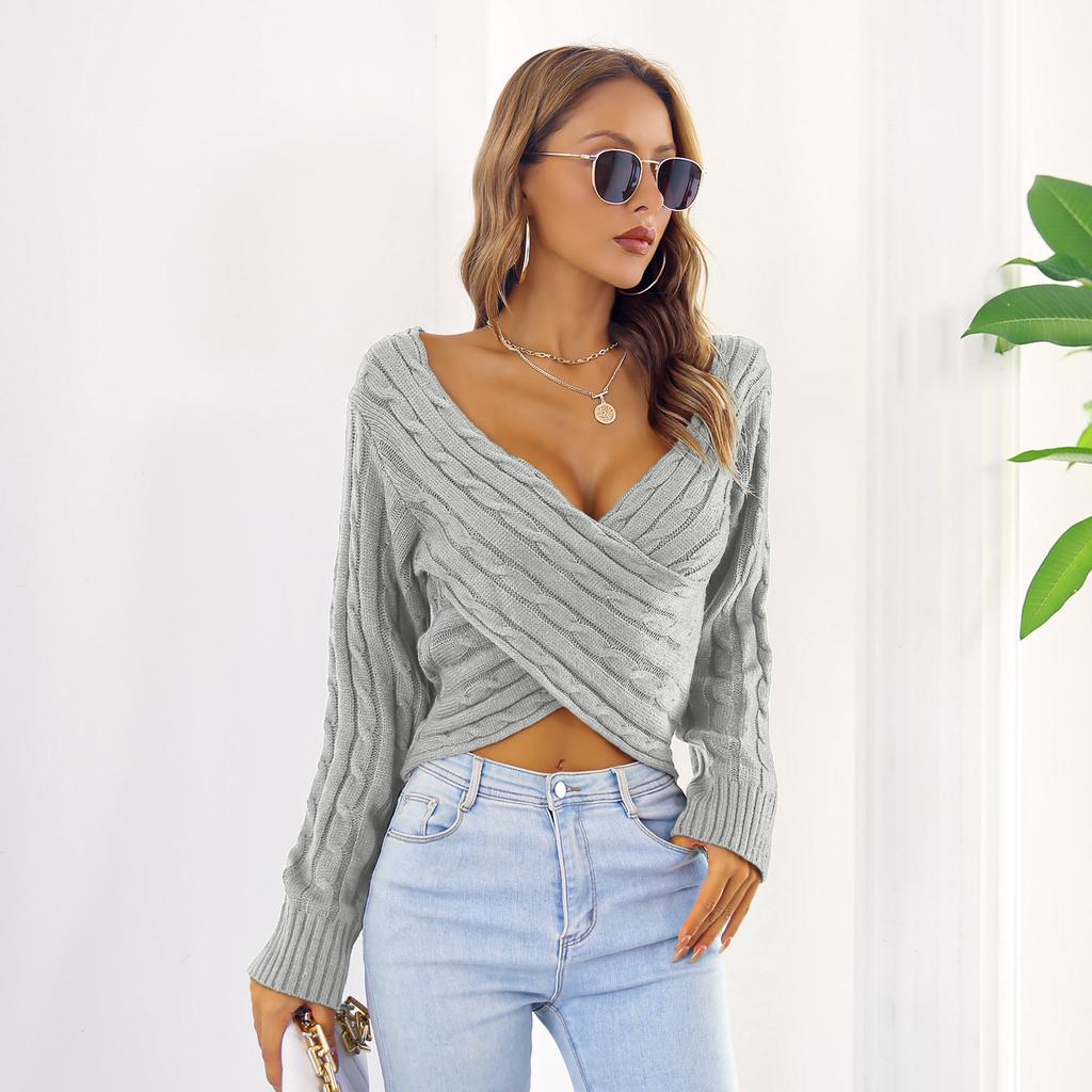 QICED Damenmode Lässiger Einfarbiger Druck Herbst Winter Langarm V-Ausschnitt Lose Pullover