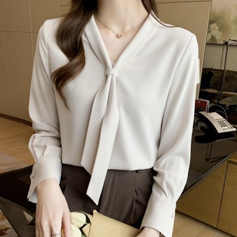 Women Spring Summer Style Blouses Shirts Lady Casual Long Sleeve Bow Tie Collar White Color Blouses Shirts