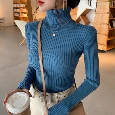 Pull ras du cou solide à col montant pour femmes Automne et Hiver Nouveaux pulls tricotés Manches longues Coupe slim Décontracté Femme Pulls Hauts 25055