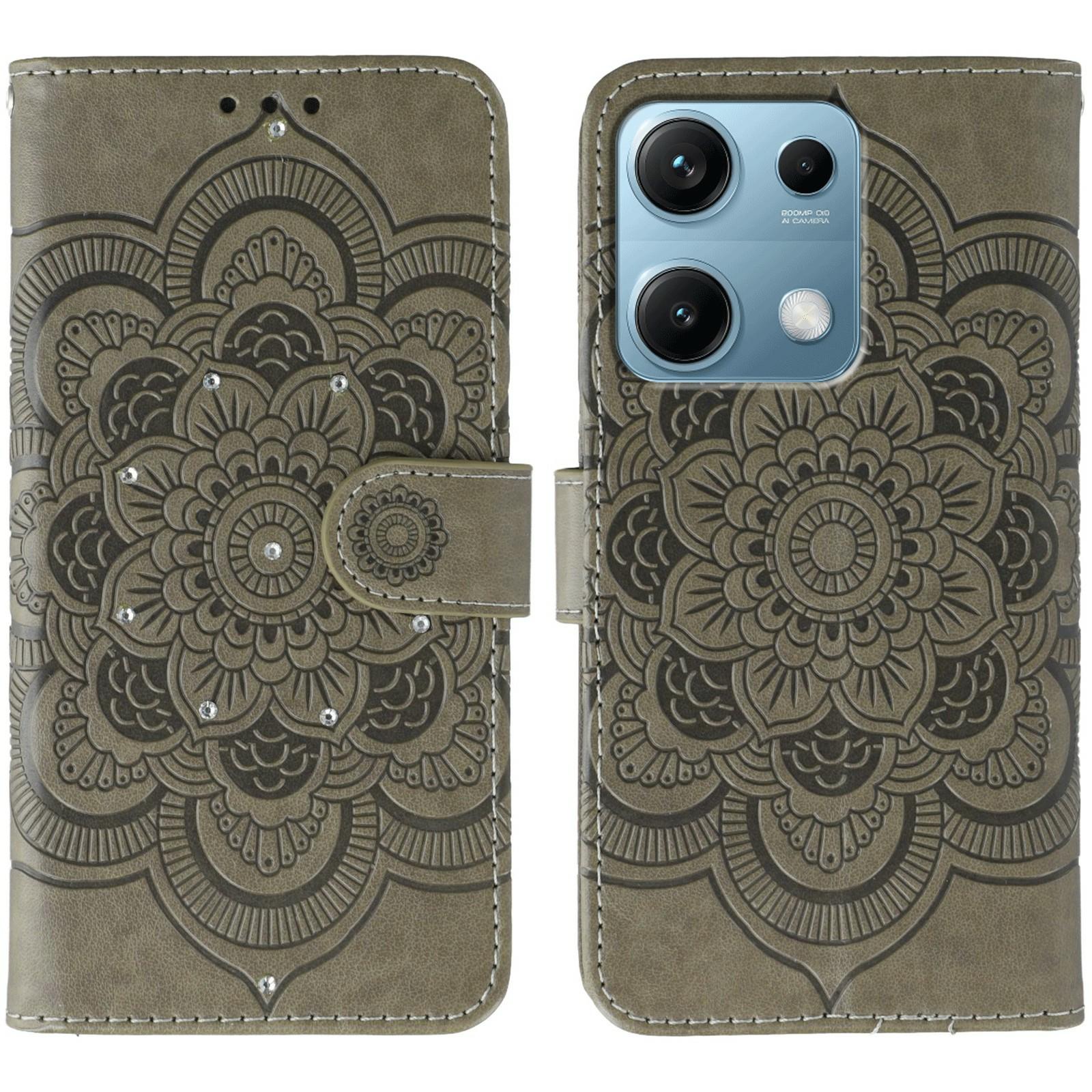 

Phone Case For Xiaomi Redmi Note 13 Pro 4G/Note 14S 4G/Poco M6 Pro 4G,Rhinestone Decor Leather Mandala Imprinted Cover with Wrist Strap Grey