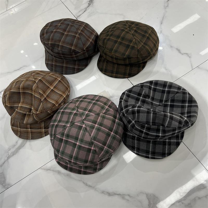 New retro polished plaid soft brim cap women's literary small fresh beret pastoral newsboy hat