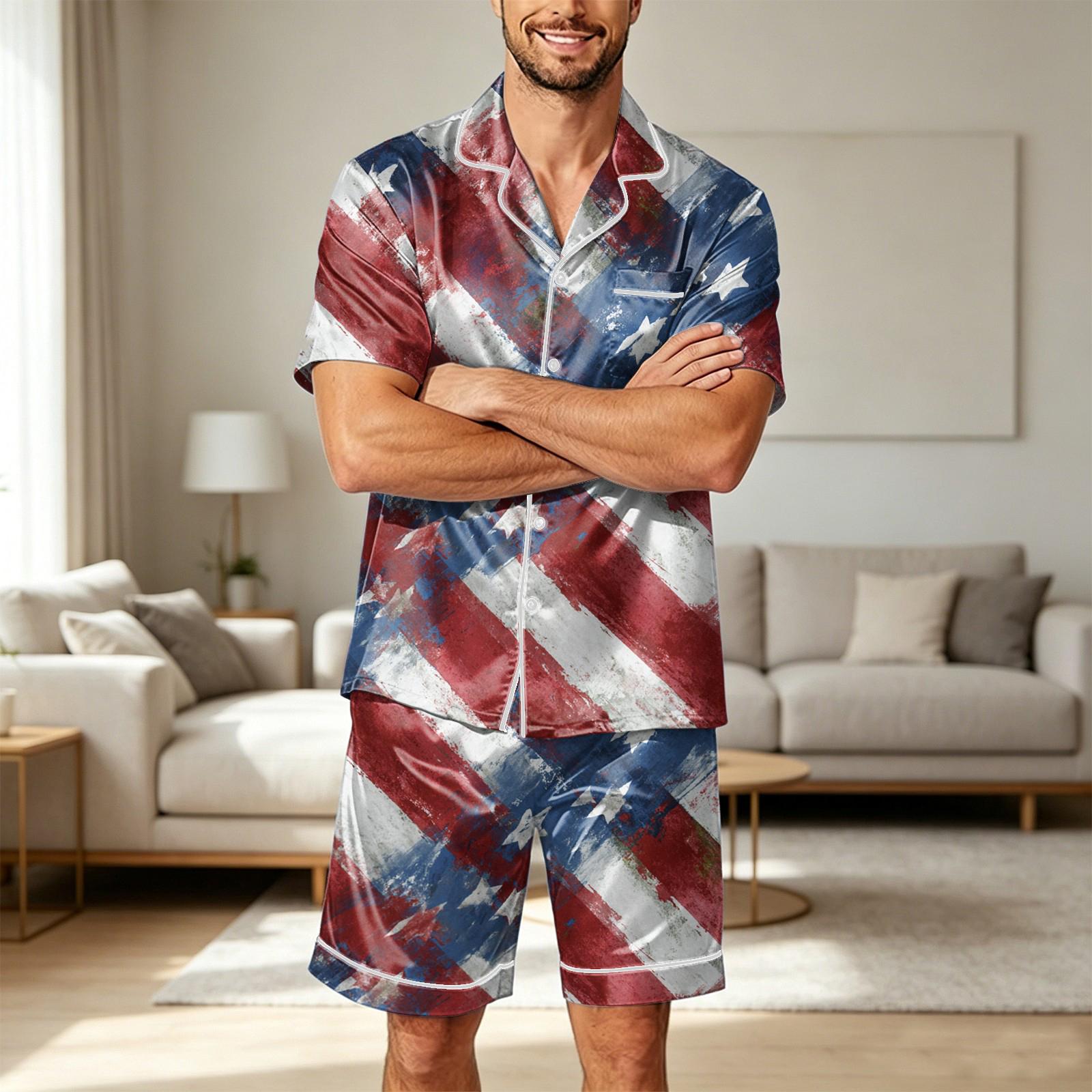 

Men Satin Short Sleeve Pajama Set Two Piece Lightweight Sleepwear with Pockets Button Down Shirt and Shorts Comfortable Fit XXL красный