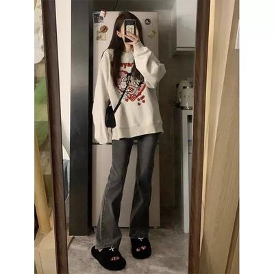 New American Style Gray Round Neck Sweatshirt for Women's Spring and Autumn Thin Plush Long-sleeved Top