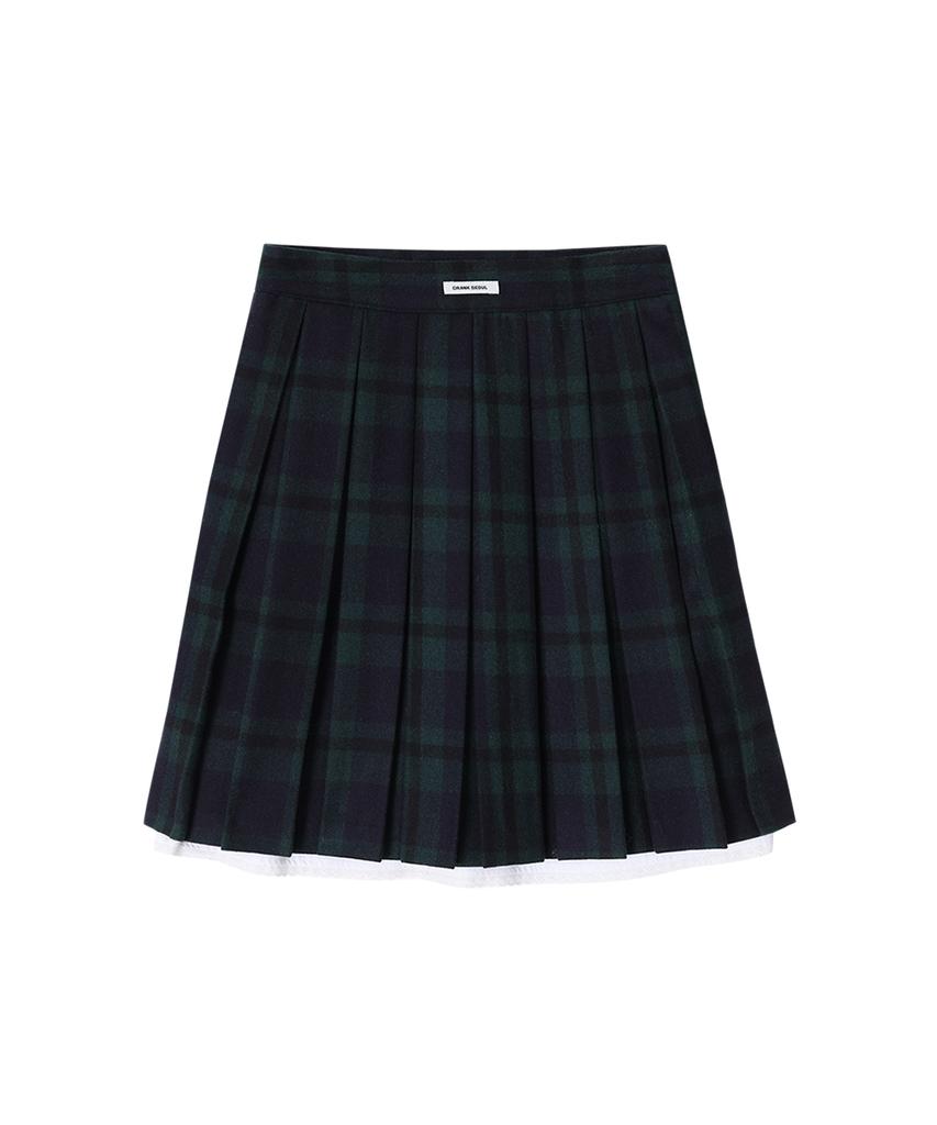 Crank Check Layered Wool Pleated Skirt_Navy