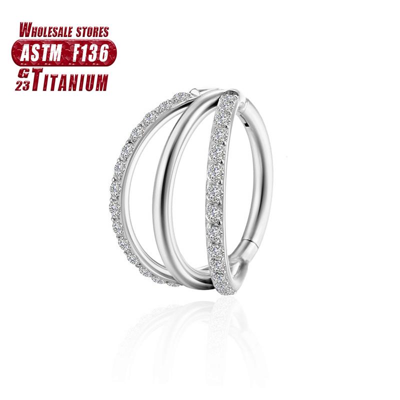 F136 Titanium Piercing Double Layered Triple Stack Hinged 16g Zircon Nose Ring Helix Cartilage CZ Small Cartilage Septum Clicker