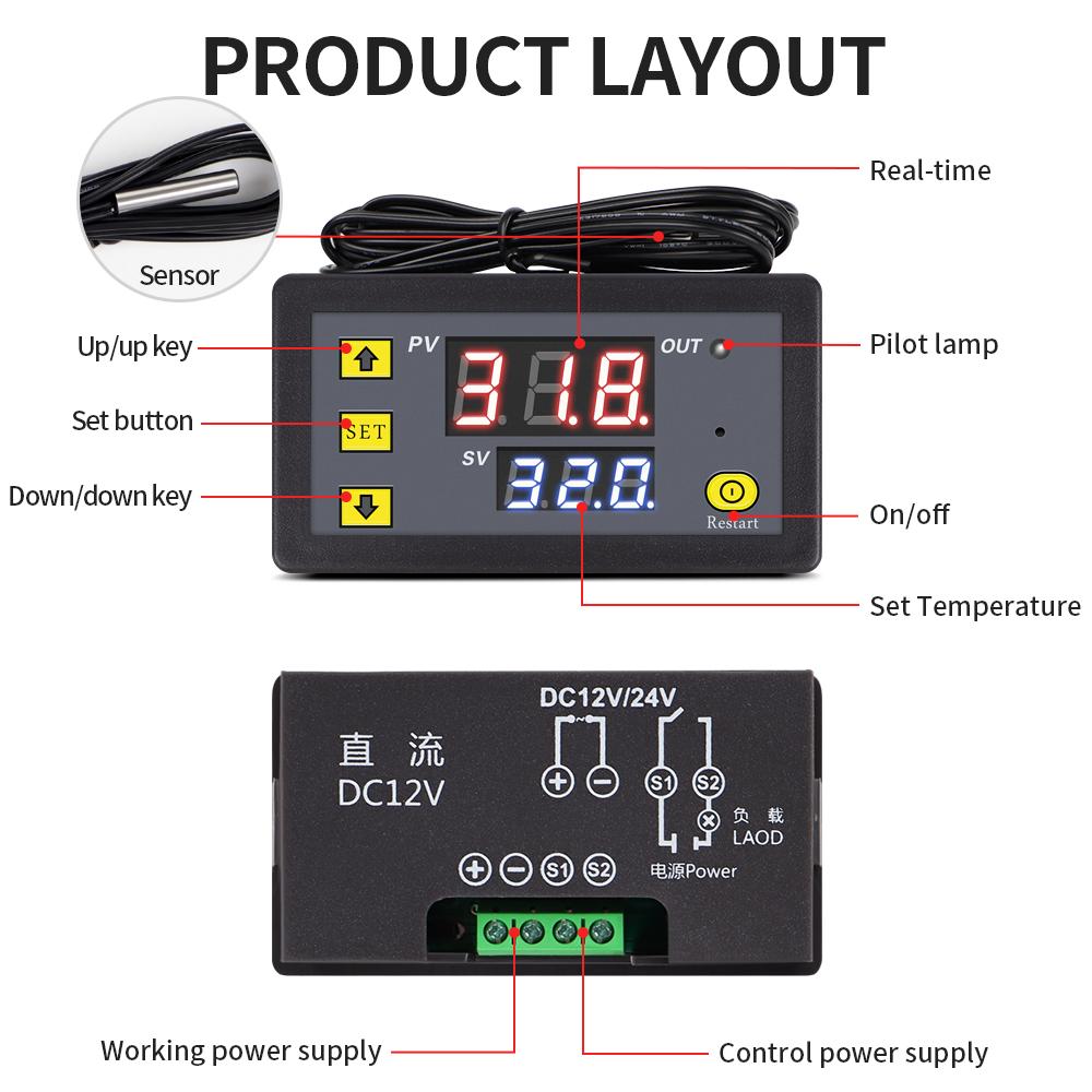 W1608 LED Displej Digitální Regulátor Teploty DC 12V Ovládání Tepla Chlazení Alarm Termostat se Snímačem NTC Dálkové Ovládání