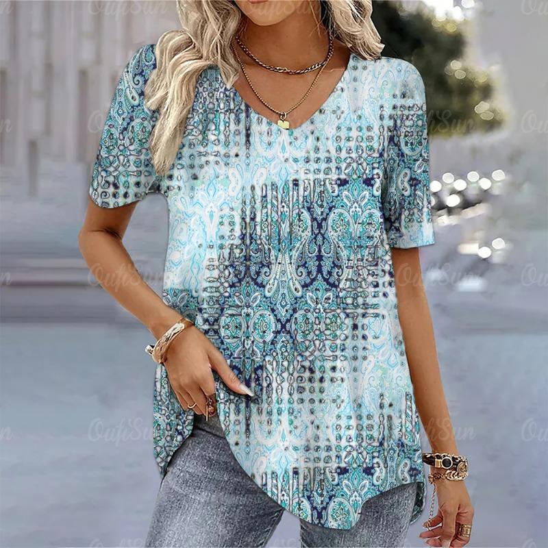Vintage Damen T-Shirt 3D Blumenmuster Lady Kleidung Sommer V-Ausschnitt Übergroße Bluse Weiblich Harajuku Casual Kurzarm Tops